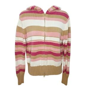 Vintage 90's Pink  & Tan  Striped Hooded Long Sleeve Womens Zipper Front Sweater